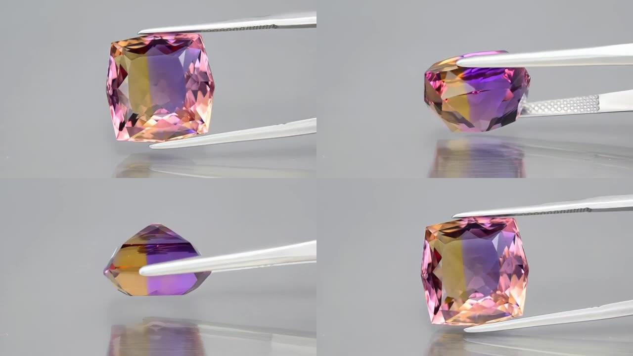 紫水晶六角形花式切割天然宝石八角形隔离白色背景