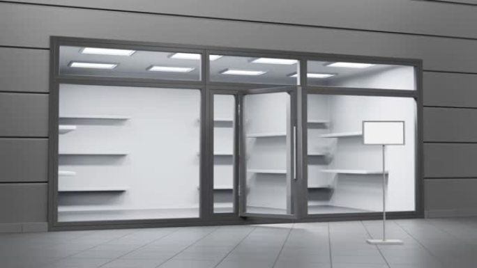3d动画，商店正面有玻璃窗，入口有开门和地板支架。精品店或陈列室，带空白货架，陈列柜和灯光，透视。模
