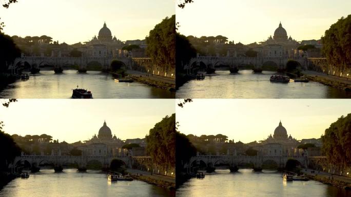 天际线罗马在日落时与台伯河，时间流逝