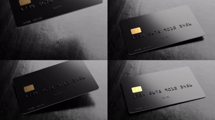 一张带有假号码和名字的黑色信用卡以慢动作落在黑色木桌上。