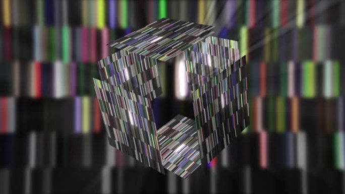 发光的盒子在网络空间打开。动。未来的空立方体在背景上打开闪闪发光的条纹背景。3D cube在计算机游