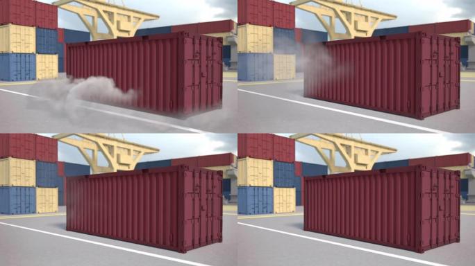 集装箱仓库。红色的容器落下了灰尘。港口里壮观的集装箱下降。货物和跨大西洋运输的概念