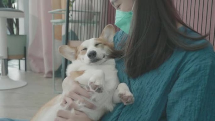 亚洲女子在室内玩她的柯基犬