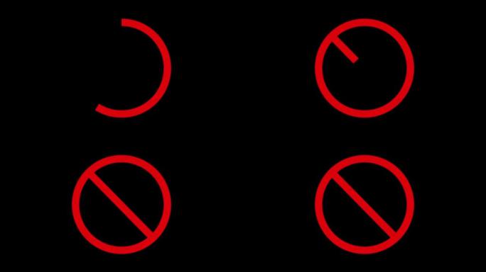 禁止红色标志动画。动画禁止符号。简单的红色圆圈禁止。黑色背景上的动画