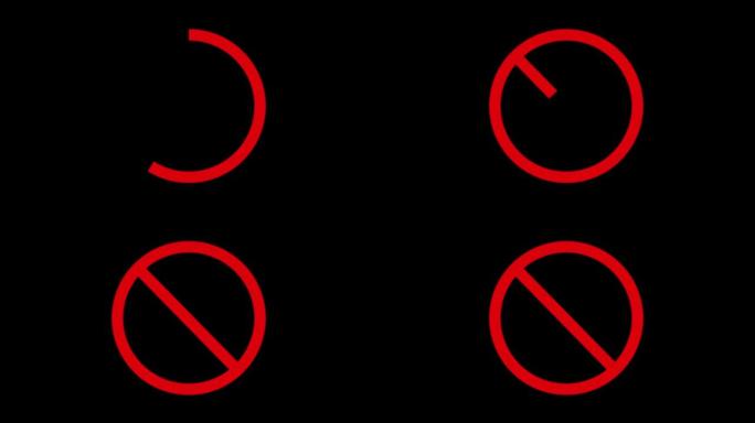 禁止红色标志动画。动画禁止符号。简单的红色圆圈禁止。黑色背景上的动画