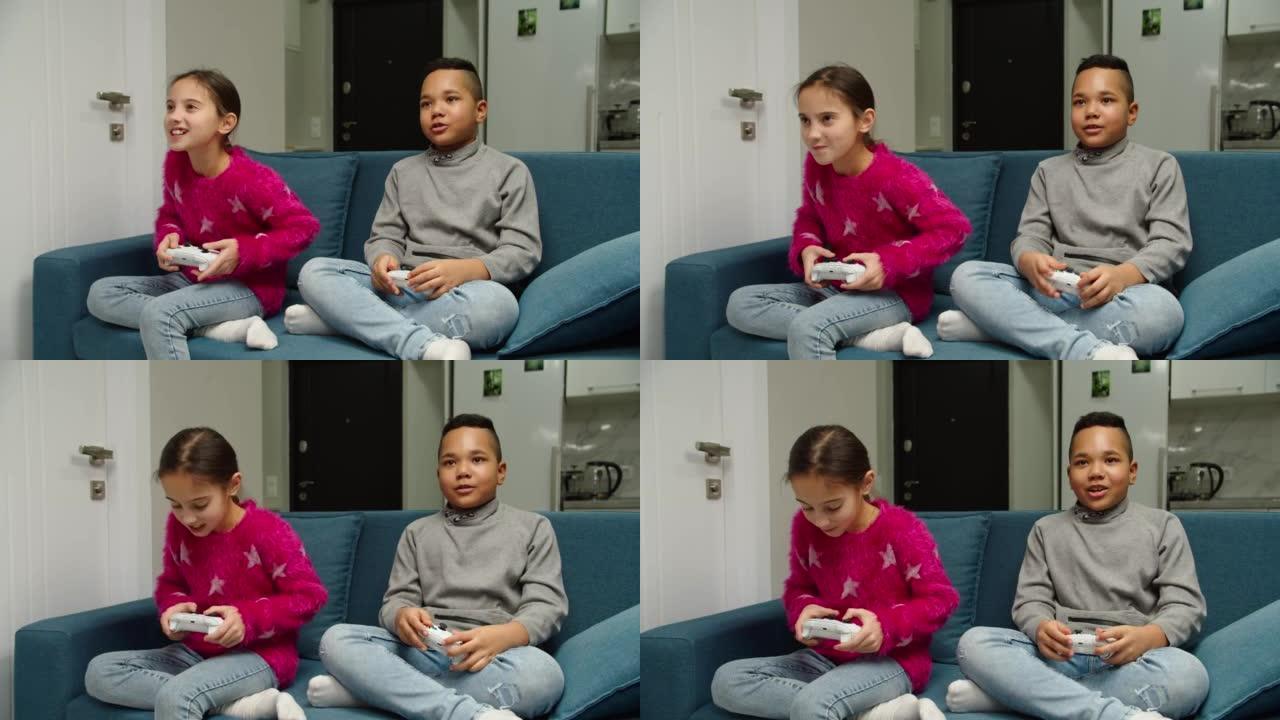 在室内玩电子游戏的多种族儿童的移动镜头
