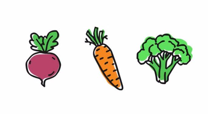 甜菜胡萝卜西兰花。逐帧动画。阿尔法通道