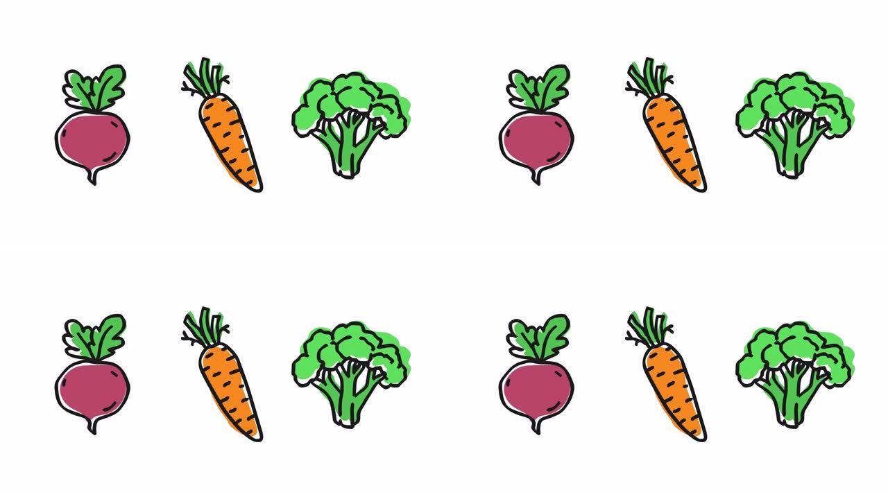 甜菜胡萝卜西兰花。逐帧动画。阿尔法通道