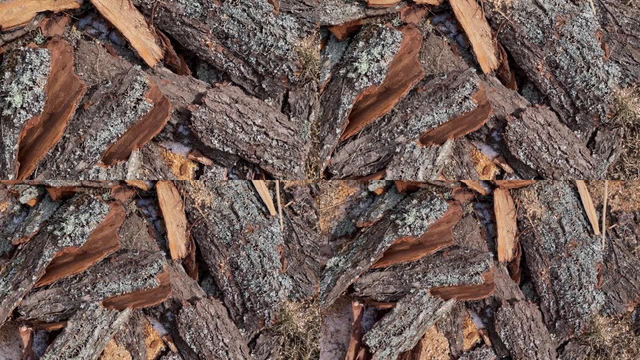 从松树上收集的装饰性树皮。棕色刨花树皮颗粒用于装饰路径，花坛，用作游乐场的地板。