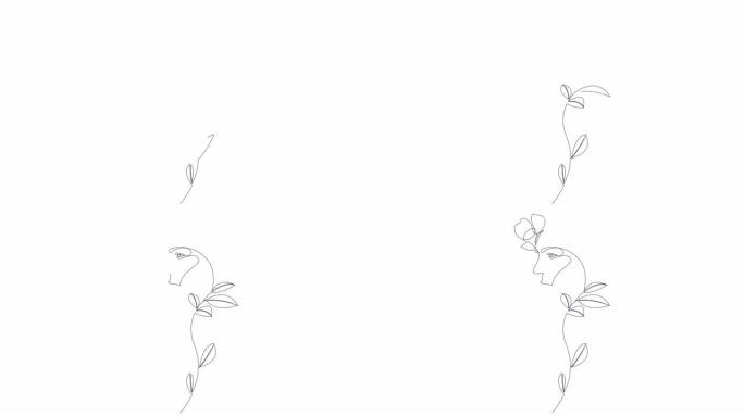 花朵和叶子的单线艺术风格的女性脸部自画动画。优雅风格的连续线条。4k，阿尔法通道