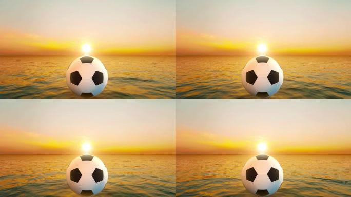 一个无品牌的足球在海洋地平线上朝着金色的日落旋转-可循环。