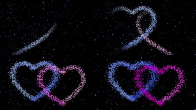 在黑暗的波光粼粼的星空中，从彗星的星尘中看到两个恋人的心的动画。蓝色和紫色的心在爱情中团结在一起。爱