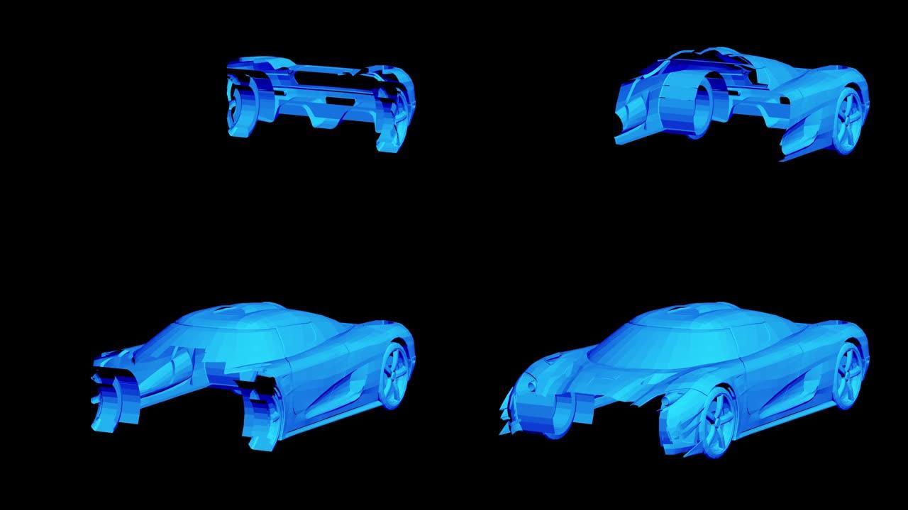 从动画3D零件组装汽车。