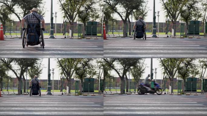 曼谷概念中的轮椅旅行地标。残疾人过马路，城市人行道上的轮椅