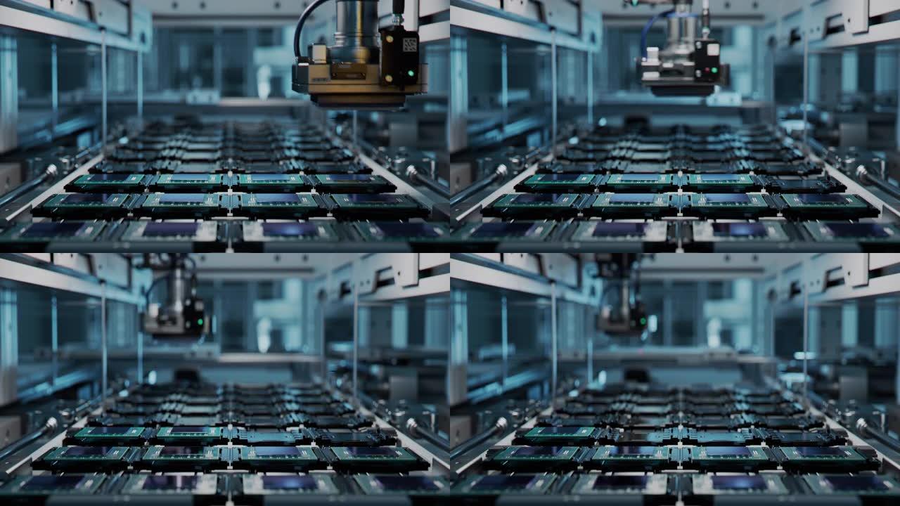 电子工厂用计算机处理器生产线的镜头。微芯片生产工艺。