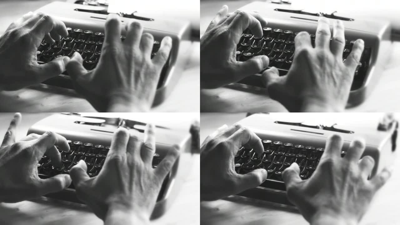 男人的手使用老式打字机，浅景深和背光。写一本书或一部电影剧本。画廊上的大量打字机镜头