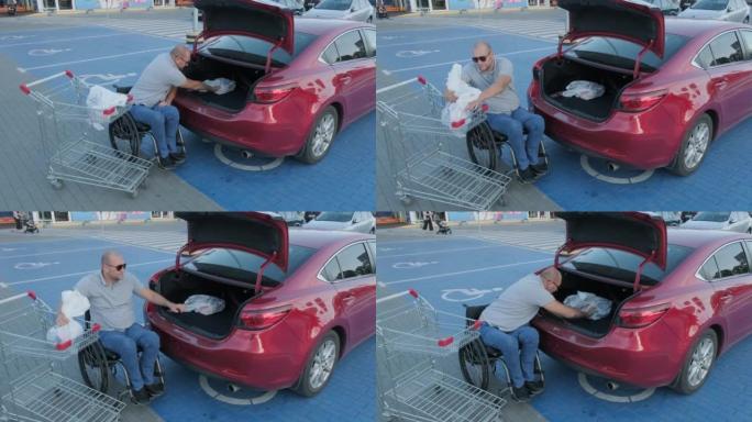患有身体残疾的成年人使用轮椅司机从轮椅上乘坐红色汽车