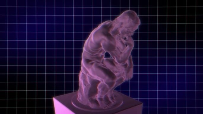 3D思考人旋转雕像无缝循环。在未来网格背景上的哲学家雕塑。故障的效果。NFT元时空概念，4K