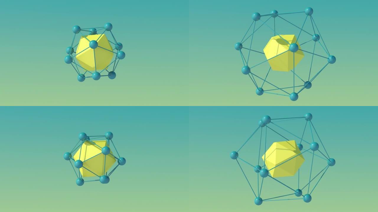 黄色多面体和蓝色网格旋转。抽象动画，3d，渲染。