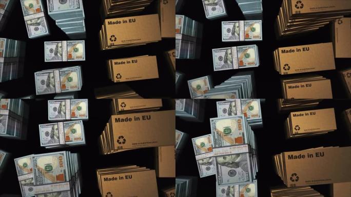 欧盟盒子和欧盟美元货币包循环3d动画