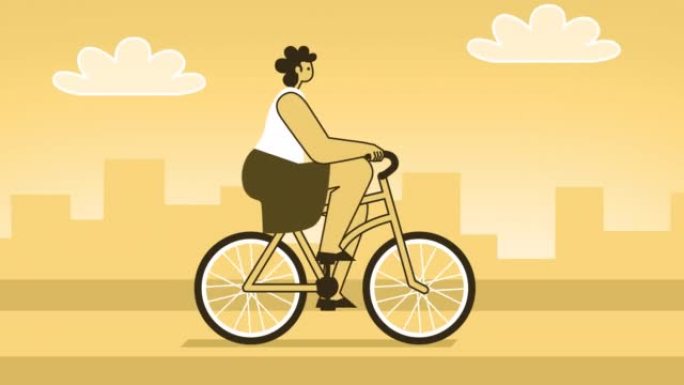 黄色风格的女人平字骑自行车。带有Alpha通道的孤立循环动画