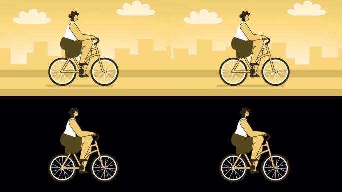 黄色风格的女人平字骑自行车。带有Alpha通道的孤立循环动画