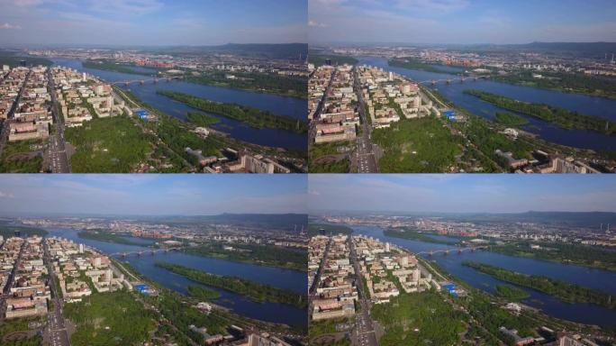 夏季无人机拍摄时，克拉斯诺亚尔斯克市叶尼塞河上的桥梁
