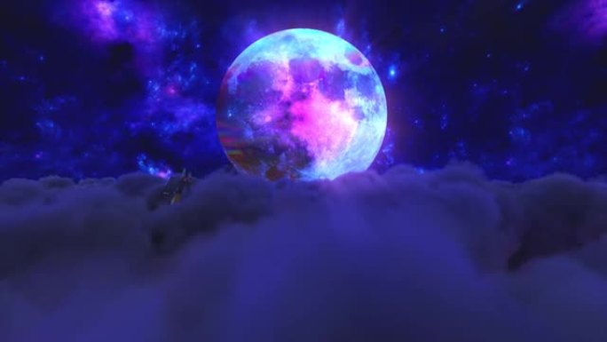 钻石海豚在月亮的背景下跳出云层。蓝色。无缝循环的3d动画