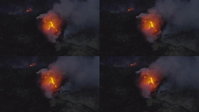 火山的无人机喷出烟雾和熔岩