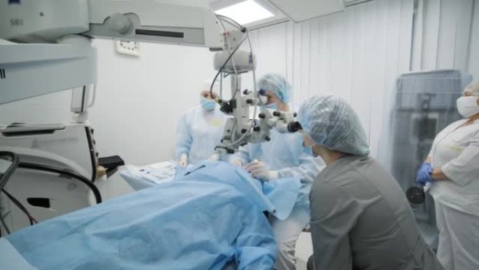 手术团队使用现代技术，现代诊所的最新设备进行斜视手术，外科医生缝制眼睛