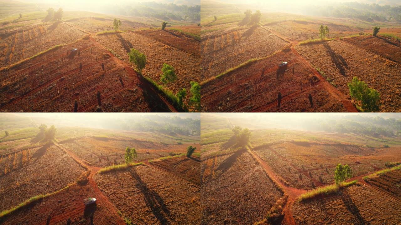 4K: 鸟瞰图，无人机飞越泰国农村地区。空中电影剪辑