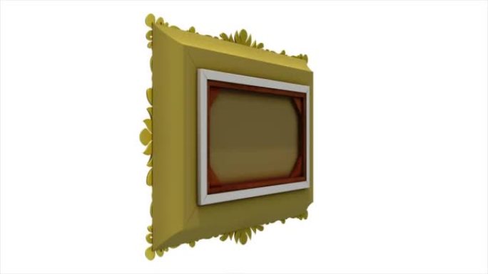 金色相框在白色背景上旋转，无缝循环。电视噪音和绿屏的3D动画。