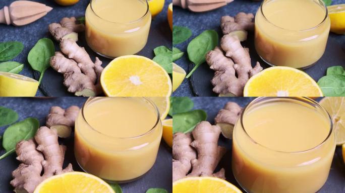 生姜和橙汁的免疫力。杯子里的水果冰沙。