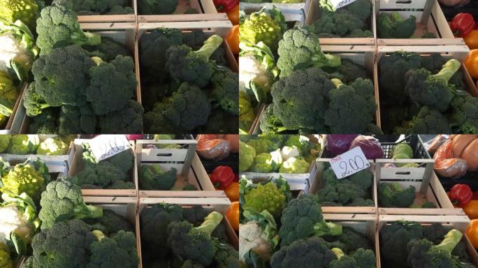 花椰菜在街头市场的蔬菜水果商柜台上。