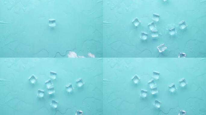 蓝色背景上许多冰块的特写镜头