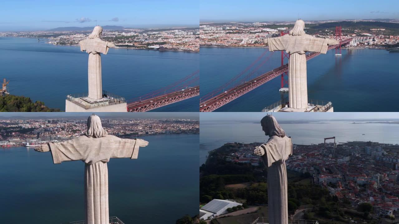 葡萄牙里斯本克里斯托·雷雕像和塔霍河上4月25日桥的鸟瞰图