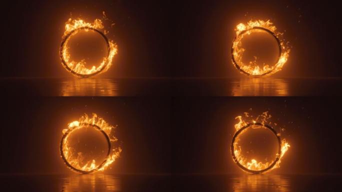 3d动画，带燃烧环的抽象背景，着火的圆形框架