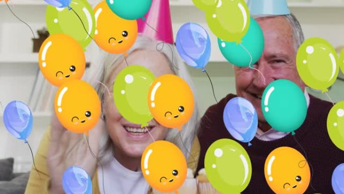气球在高年级高加索夫妇上的动画，带有带视频通话的派对帽