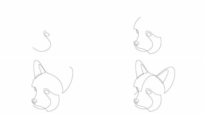 自画单连续单线画约克夏犬的简单动画。狗头手工绘制，白底黑线。野生动物、宠物、兽医的概念。