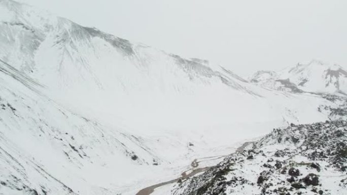 无人机在积雪覆盖的山脉上，下面是辫状河