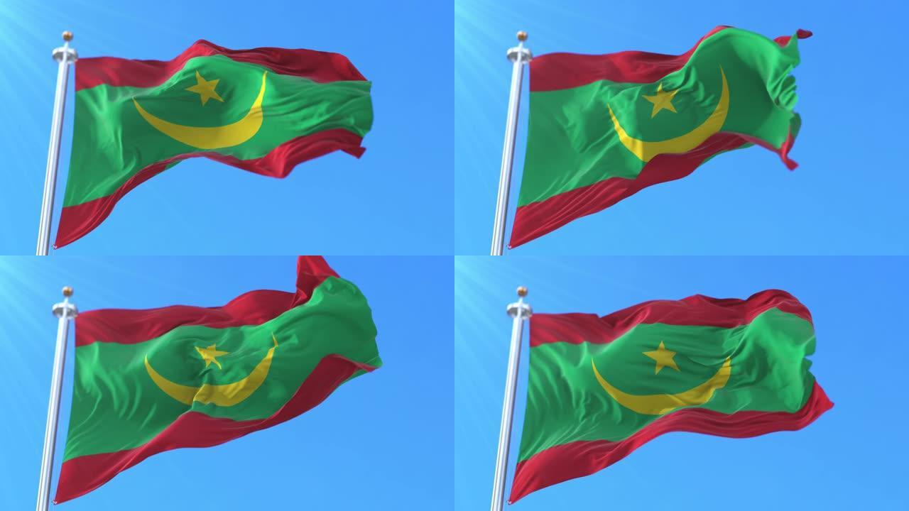 毛里塔尼亚国旗随风飘扬。循环