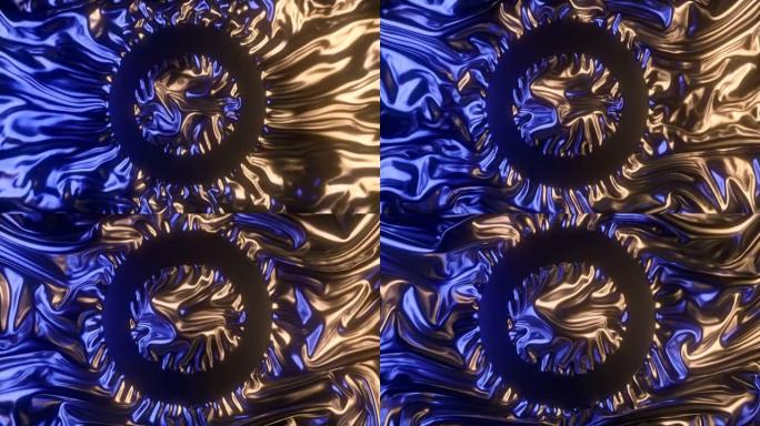黑色闪亮波浪形织物的动画，带有对比鲜明的蓝色和橙色亮点。豪华抽象背景。3d渲染数字动画。高清分辨率
