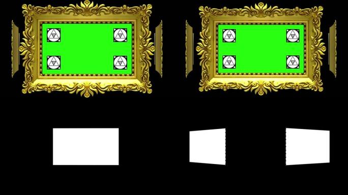 华丽的金色相框在黑色背景上旋转成一圈。无缝循环，带有运动跟踪标记和绿色屏幕的3D动画。包括阿尔法哑光