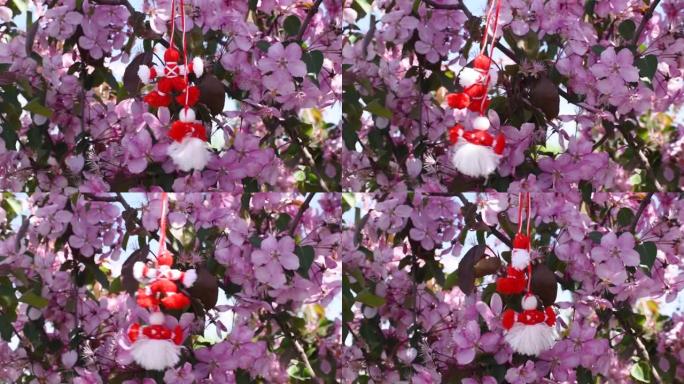 开花树上的玛特丽塔。春天的象征。3月1日的传统。巴巴玛塔日。复制空间。选择性聚焦