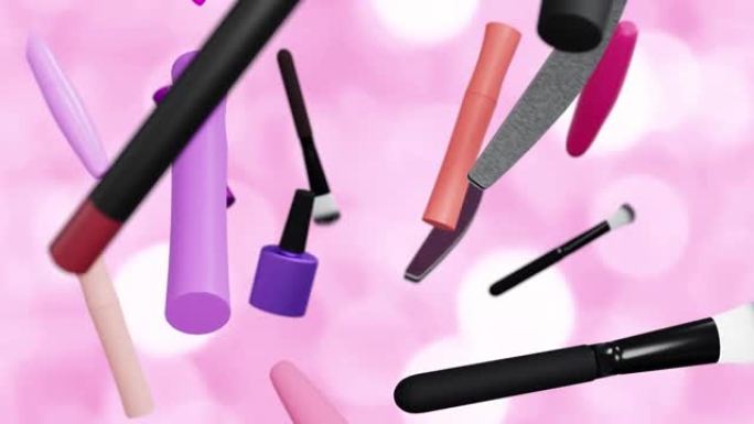 化妆品。化妆工具设定概念。不同的化妆配件飞上粉红色的节日灯光背景。美女3D动画。口红、睫毛膏、刷子、