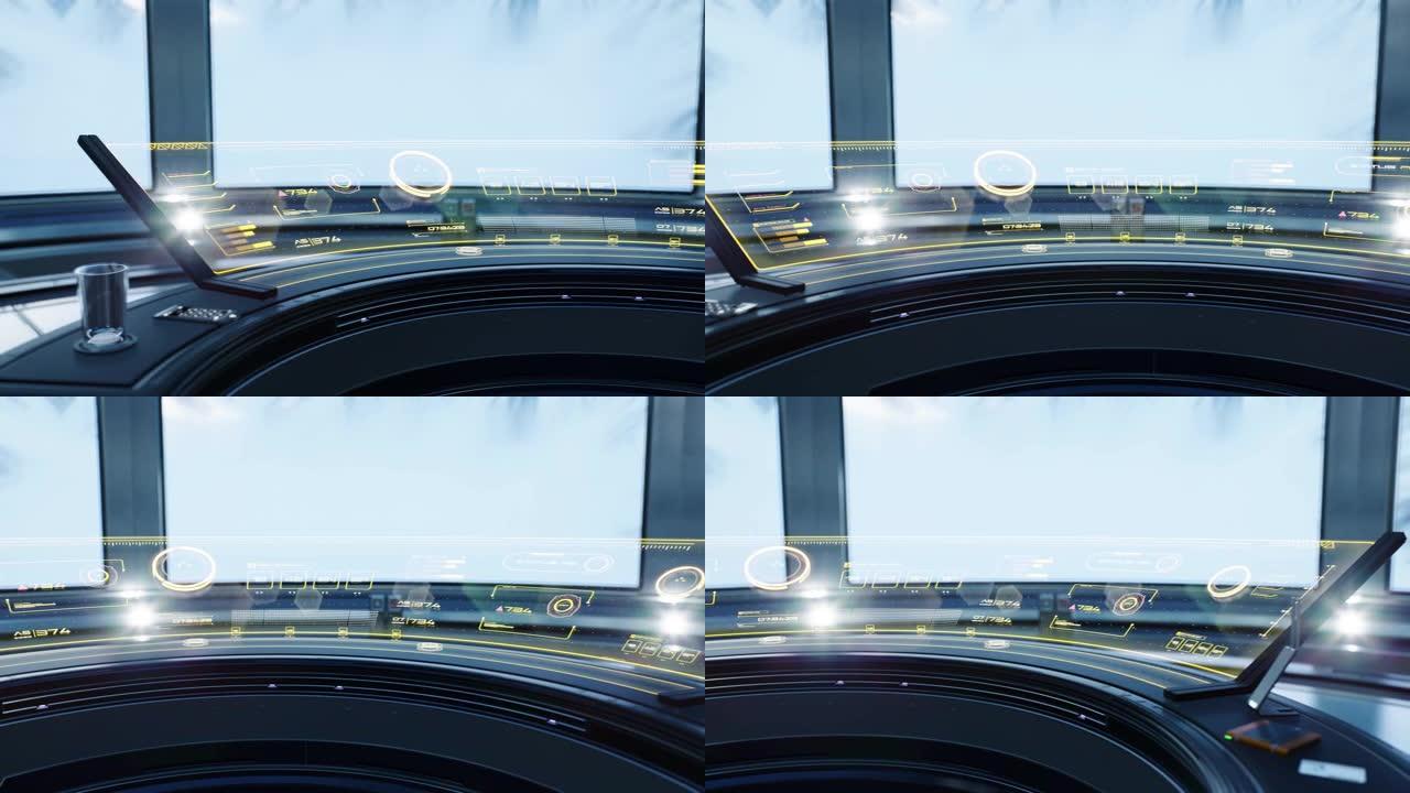 宇宙飞船控制面板的特写镜头。逼真的3d动画