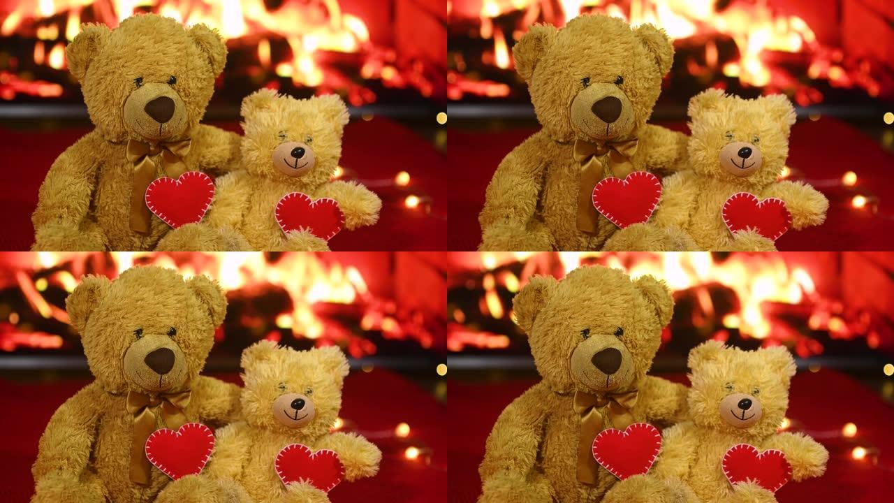 一对泰迪熊正坐在红色针织格子和灯泡花环的背景下，爪子里抱着两颗红色的心-这是爱的象征