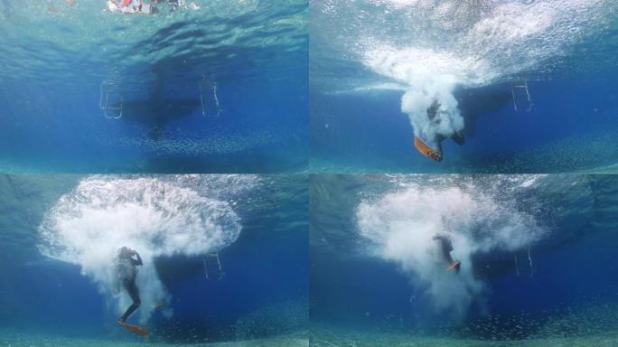船水下潜水员跳入水中海洋风景