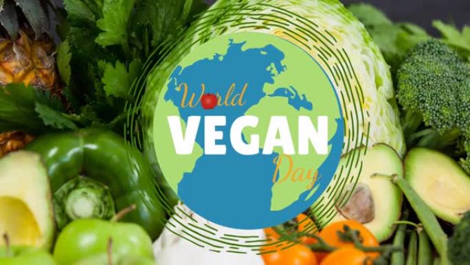 世界素食日的动画在新鲜蔬菜上