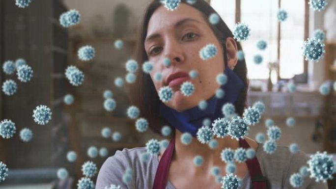 新型冠状病毒肺炎细胞漂浮在女性高加索波特微笑的复合视频